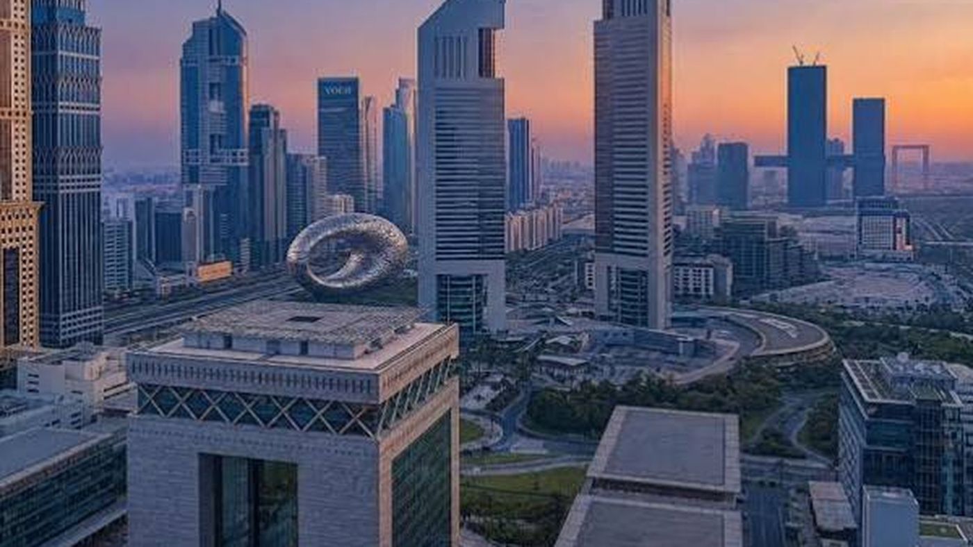 Dubai skyline at dusk around the DIFC and Sheikh Zayed Road